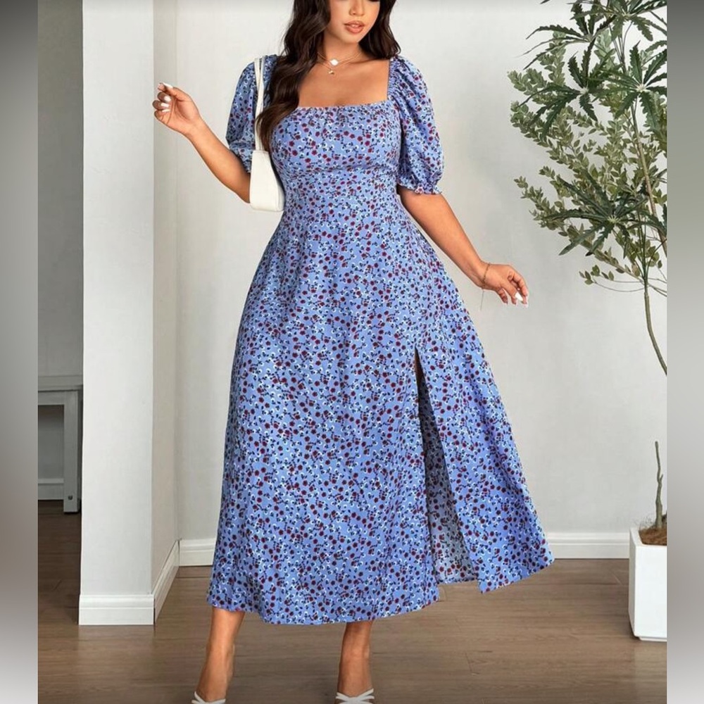 Floral Blue Lace-Up Back Dress - Picture 4 of 8